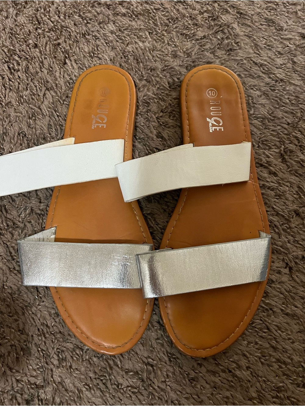 Two-Band Slide Sandals in White and Silver
